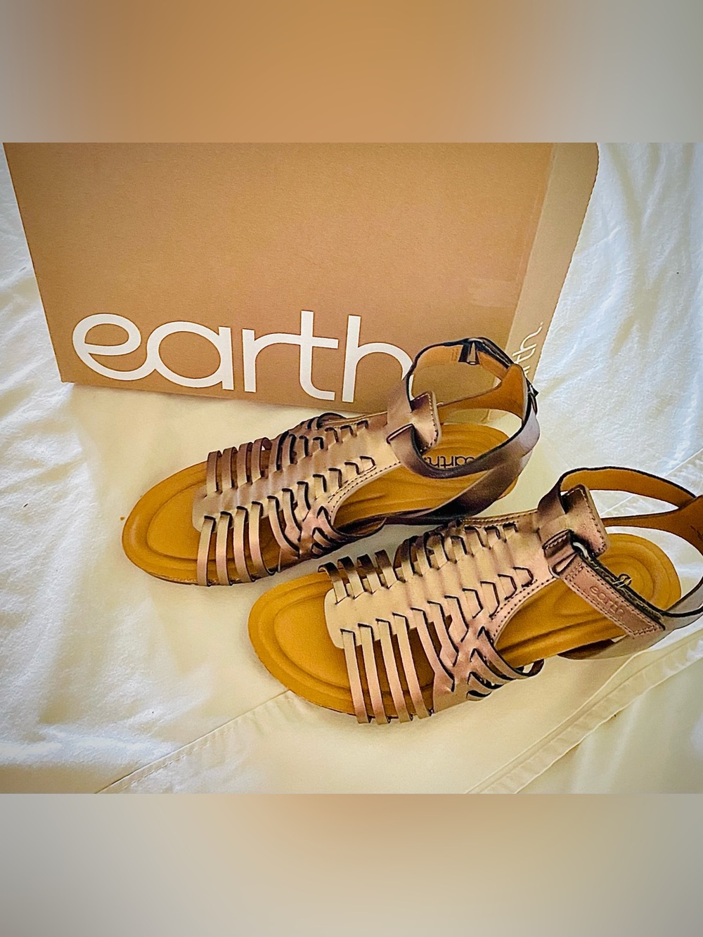 NEW Earth Metallic Bronze Strappy Wedges with Ankle Buckle
